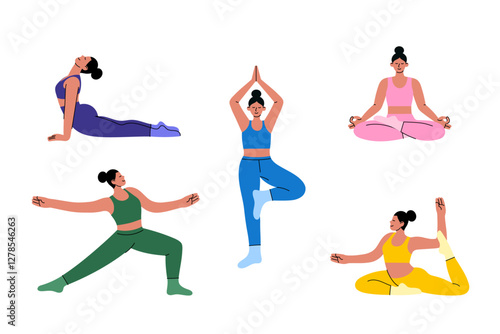 Set of women practicing yoga in different poses. Fit, active girls doing stretching, meditation, and balance exercises. Wellness, fitness, and mindfulness concept. Cartoon-style illustration