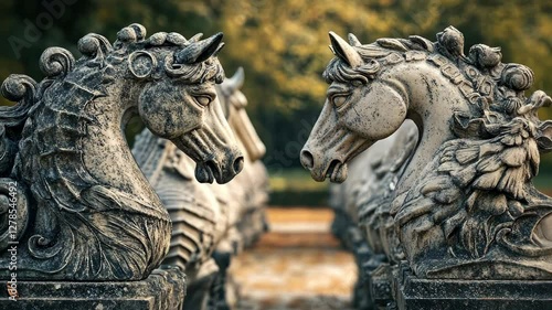Wallpaper Mural Stone horse statues facing each other in a serene garden setting during the afternoon Torontodigital.ca