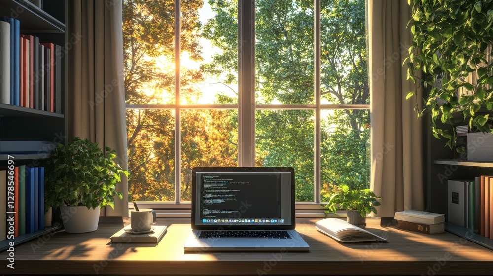 A cozy workspace featuring a laptop with code, surrounded by plants and books, illuminated by warm sunlight through a large window. A cozy workspace featuring a laptop with code, surrounded by plants and books, illuminated by warm sunlight through a large window.
