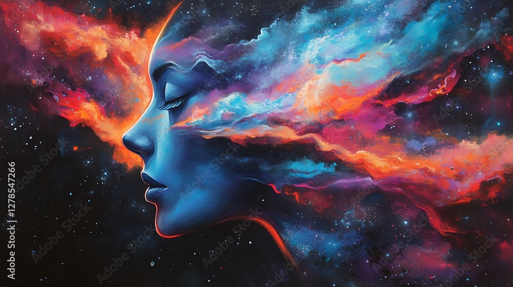 Cosmic Dream: A Woman's Face Merges with a Vibrant Nebula Cosmic Dream: A Woman's Face Merges with a Vibrant Nebula