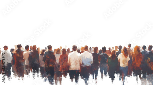 Large group of people walking away from the viewer, isolated on transparent background, oil painting effect