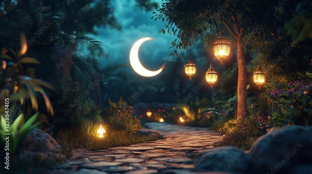 Obraz premium Enchanted Moonlit Garden Path at Night