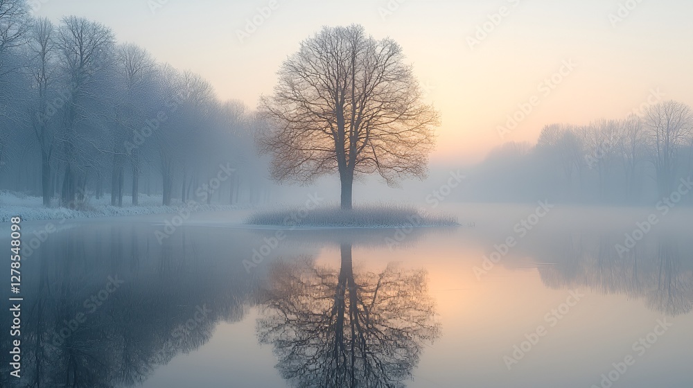 Frozen lake sunrise, solitary tree, serene winter scene. Peaceful landscape. Possible use Stock photo Frozen lake sunrise, solitary tree, serene winter scene. Peaceful landscape. Possible use Stock photo