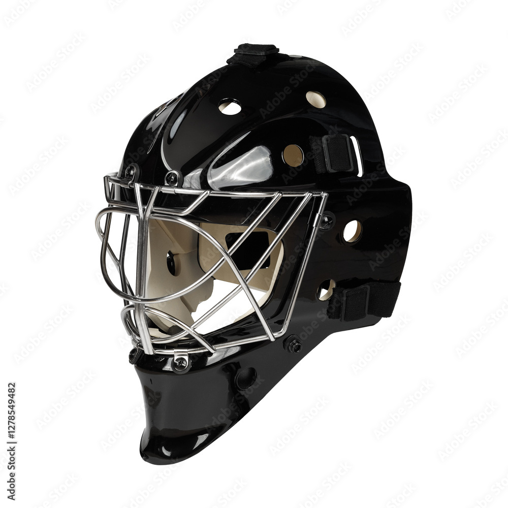 A black goalie helmet with a mask on a white background A black goalie helmet with a mask on a white background