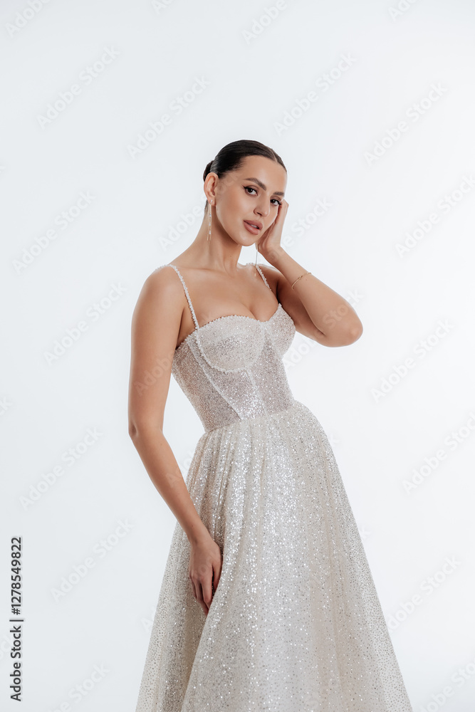 Elegance Portrait of a brunette girl in a white beige dress with sequins under the light in the studio Elegance Portrait of a brunette girl in a white beige dress with sequins under the light in the studio