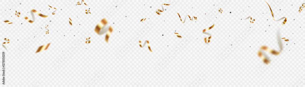 Fototapeta premium Golden confetti on transparent background, bright streamer. Falling shiny streamer. Bright golden festive tinsel. Vector