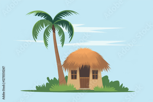 Palm tree with a thatched roof hut beneath it
