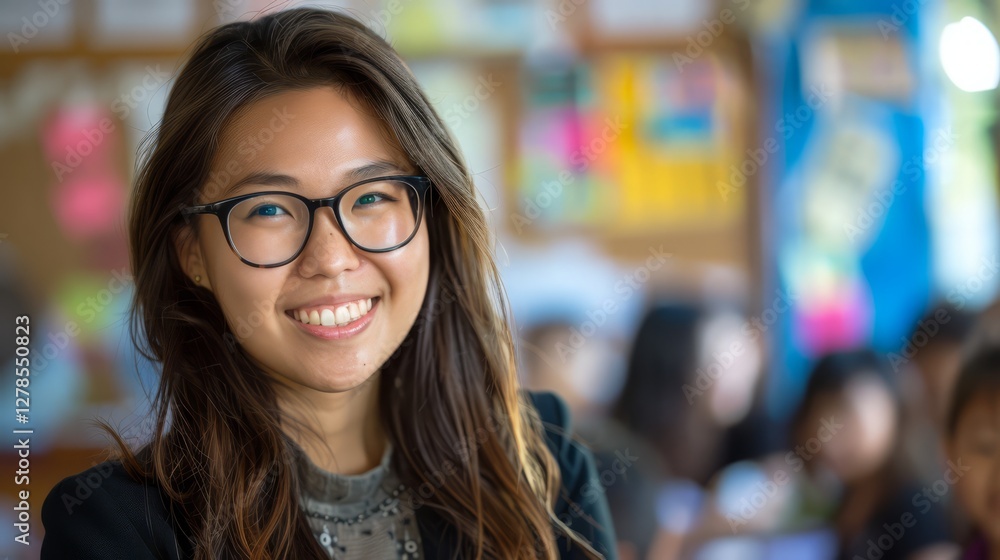 Close up portrait of teacher smiling sits in class against the backdrop of a blurred classroom with students. Back to school concept. Close up portrait of teacher smiling sits in class against the backdrop of a blurred classroom with students. Back to school concept.