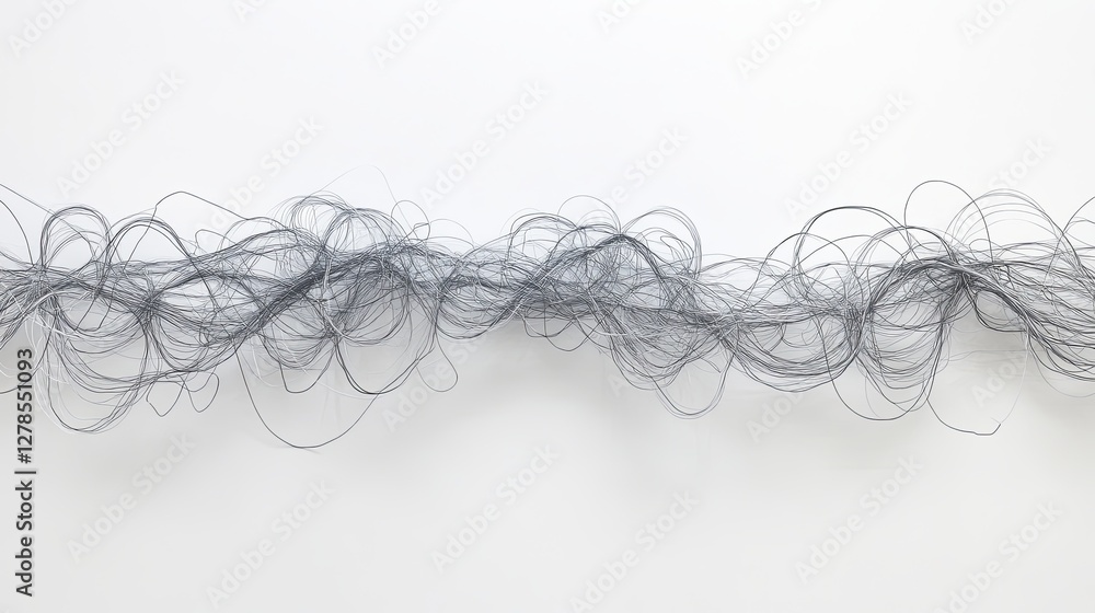 Abstract gray strands create a dynamic visual texture against a white background in a modern art installation Abstract gray strands create a dynamic visual texture against a white background in a modern art installation