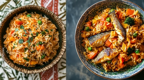 A Bowl of Thieboudienne, a Senegalese Rice Dish with Fish, Vegetables, and Spices