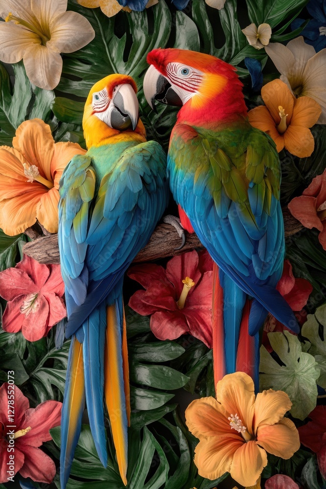 Obraz premium Two colorful parrots on flower-filled branch