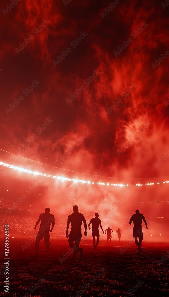 Fototapeta premium Soccer players are silhouetted against a red smoky stadium background