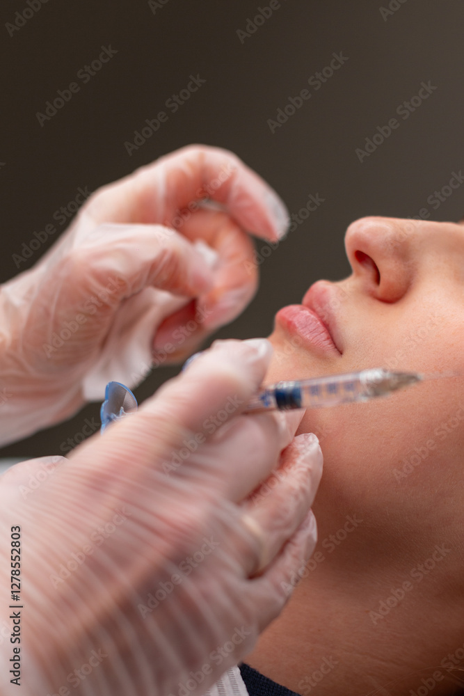 Professional cosmetologist girl makes correction and lip augmentation with filler injection in beauty clinic Professional cosmetologist girl makes correction and lip augmentation with filler injection in beauty clinic