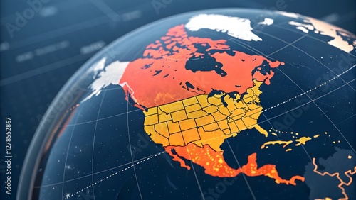 Fototapeta Naklejka Na Ścianę i Meble -  Global map, North America highlighted, glowing orange and red continent, digital earth visualization, network connections, geopolitical illustration, world map technology concept,