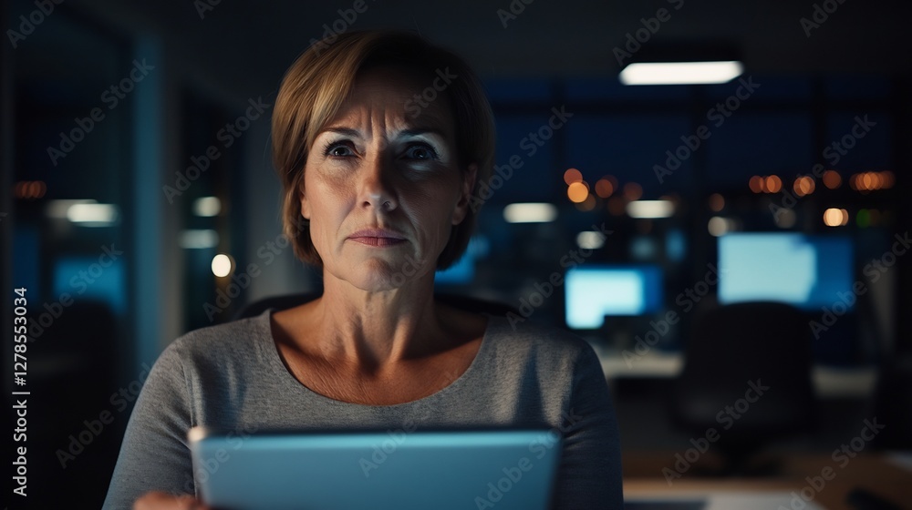 Focused businesswoman analyzing data on tablet late in modern office Focused businesswoman analyzing data on tablet late in modern office