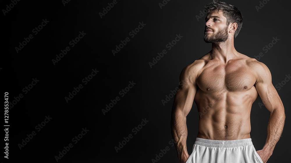 Athletic figure with visible six pack posing confidently against dark background Athletic figure with visible six pack posing confidently against dark background