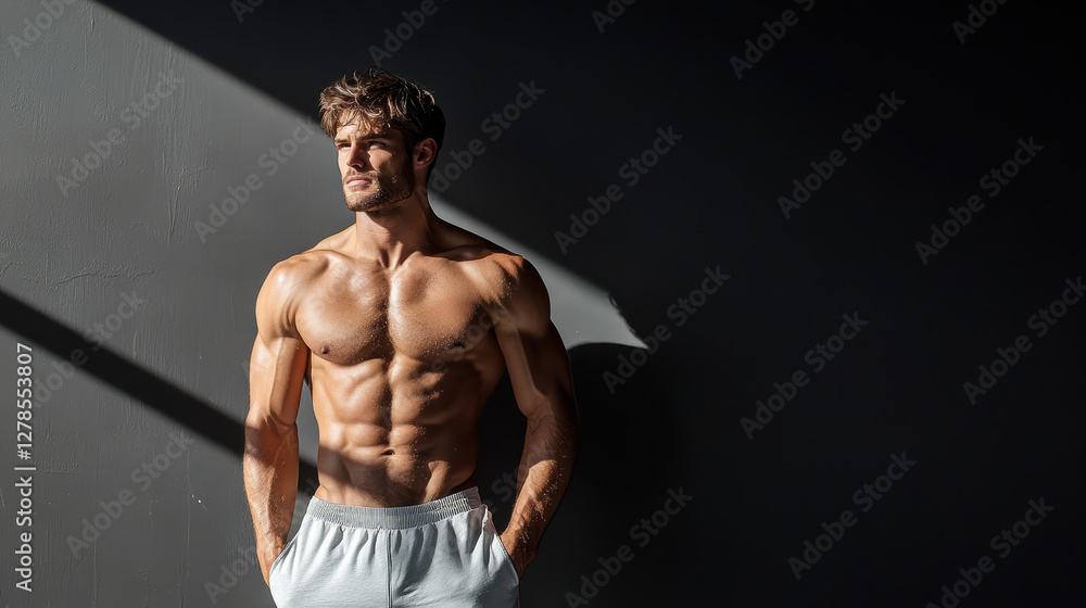 Fototapeta premium Confident man with six pack abs in dramatic lighting and dark environment
