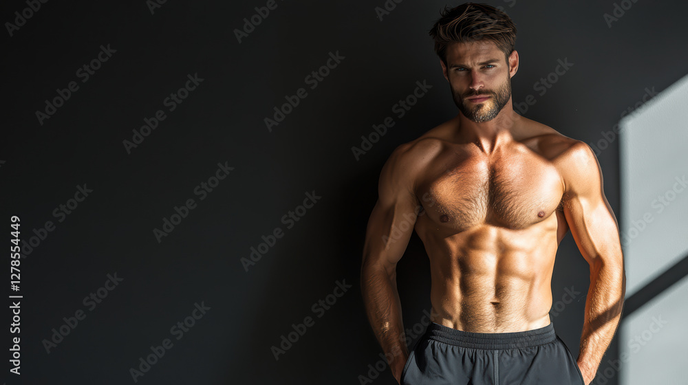 Muscular man with six pack abs and intense gaze in deep shadows Muscular man with six pack abs and intense gaze in deep shadows