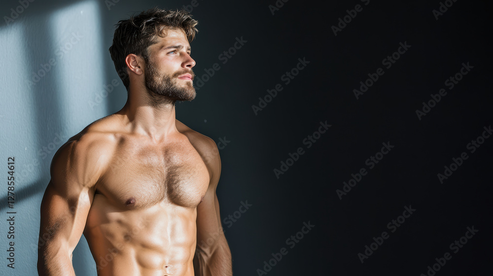 Fototapeta premium Muscular man with six pack abs in low light, showcasing strength and confidence