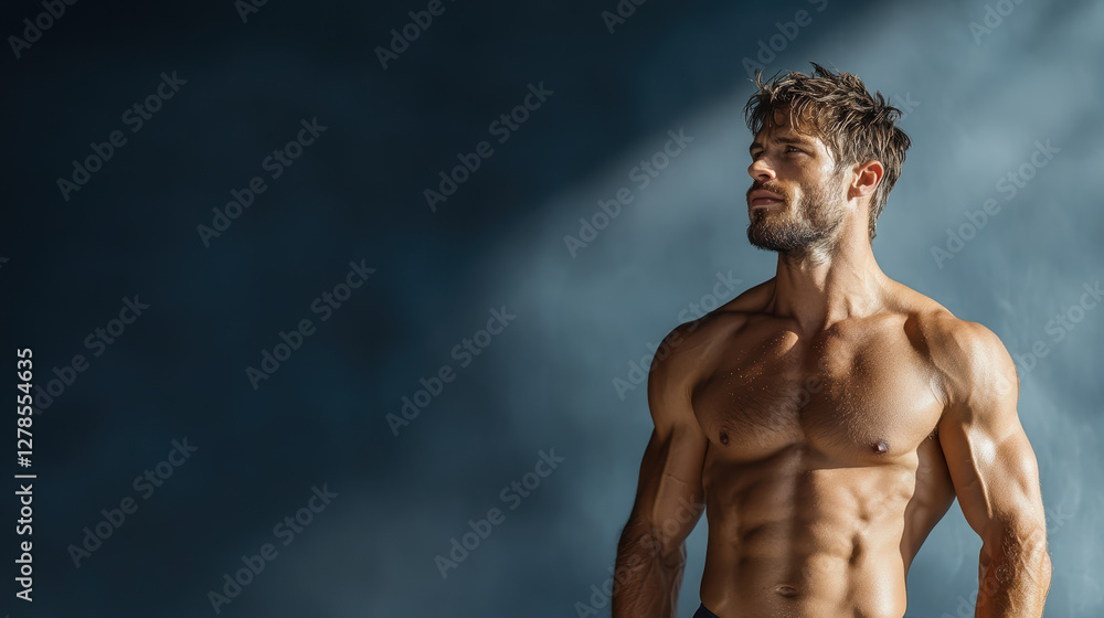 Fototapeta premium Muscular man with six pack abs in low light, showcasing strength and confidence