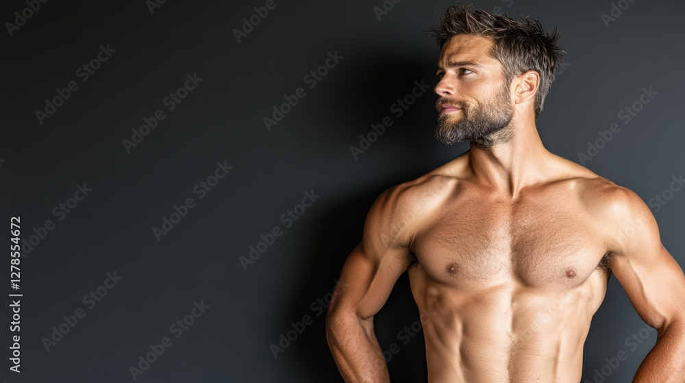 Naklejka premium Ruggedly handsome man with muscular build posing against dark background