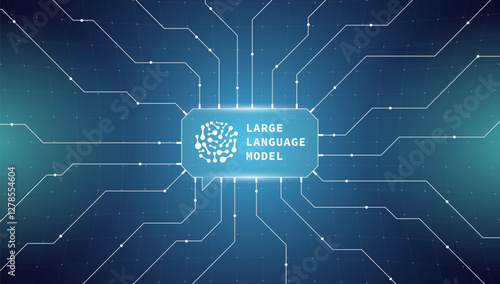 Futuristic AI banner with large language model, neural network and data connections. Abstract vector illustration for artificial intelligence, machine learning, NLP or digital technology concept.