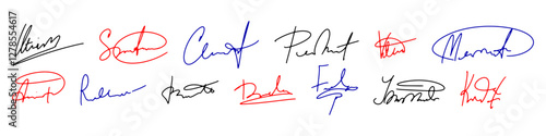 A set with autograph. Vector handwritten signature. Forged autograph written in different handwritings. Examples of documents and contracts with red, blue ink and pencil signatures.