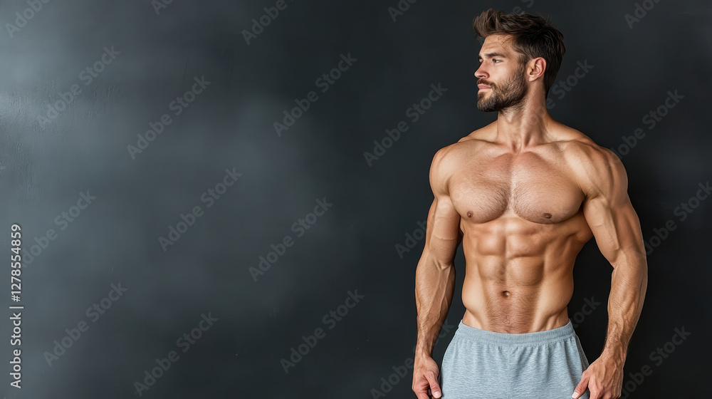 Obraz premium Strong man with defined abs posing against dark background, showcasing fitness