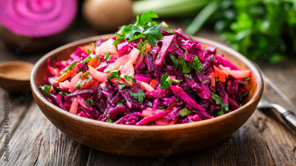 Vinegret, a traditional Russian beet salad featuring a mix of vibrant vegetables, presented in a classic style Vinegret, a traditional Russian beet salad featuring a mix of vibrant vegetables, presented in a classic style