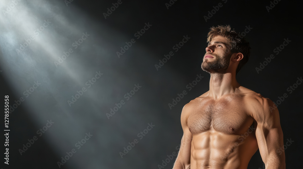 Obraz premium Strong physique man with six pack abs in dramatic lighting