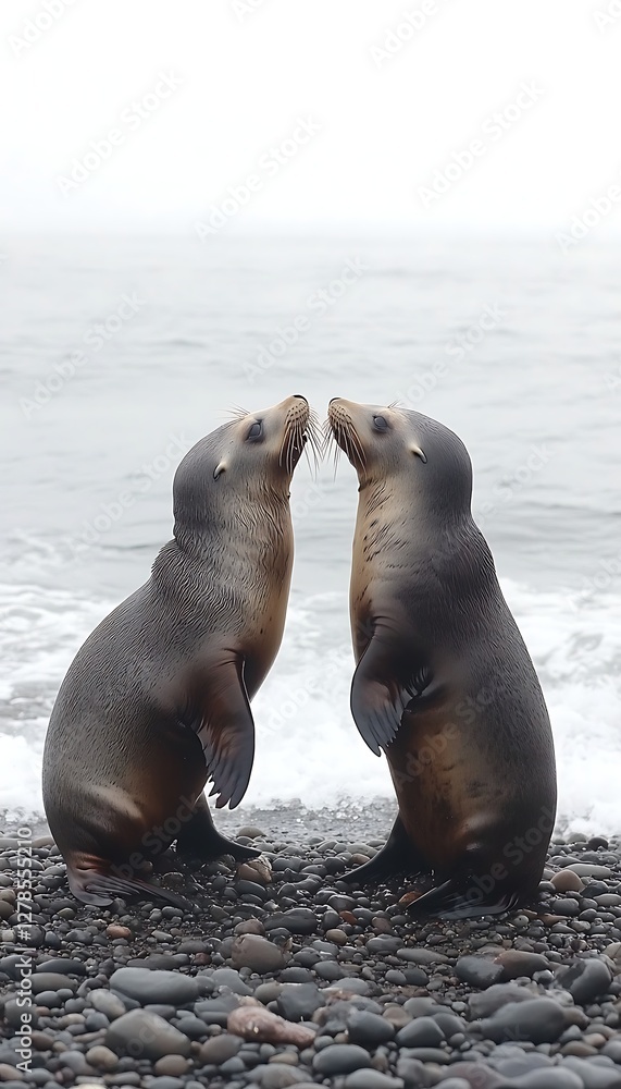 Naklejka premium Seals Kissing on Beach, Misty Ocean Background