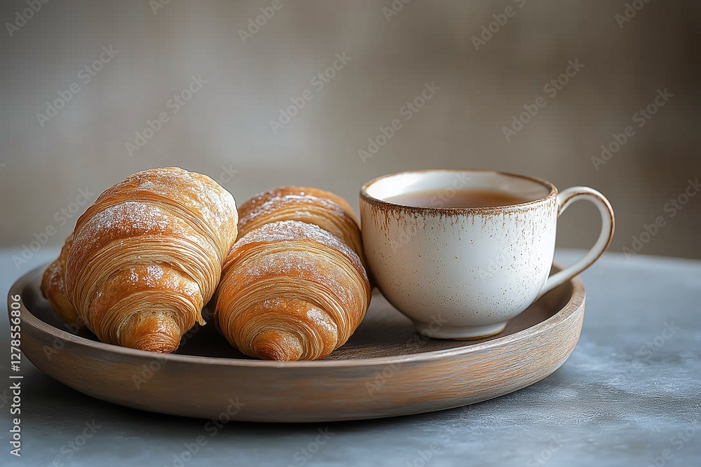 A cozy breakfast scene with two golden, flaky croissants and a rustic ceramic cup of tea, elegantly arranged on a wooden plate against a soft neutral background A cozy breakfast scene with two golden, flaky croissants and a rustic ceramic cup of tea, elegantly arranged on a wooden plate against a soft neutral background