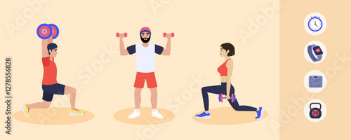 People exercising with dumbbells and weights for body care and wellness