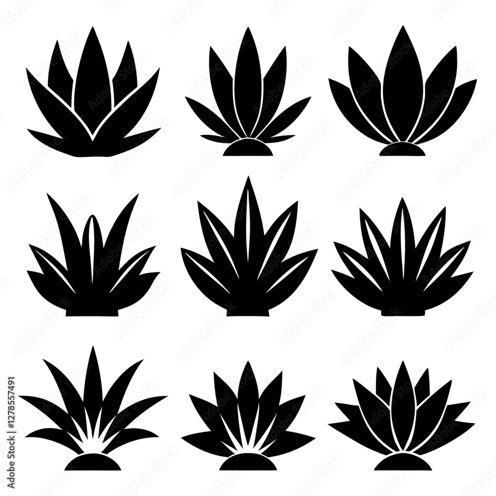 A collection of stylized, black silhouette images of agave plants. A collection of stylized, black silhouette images of agave plants.