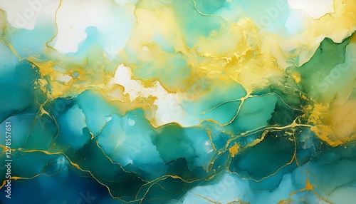 blue green watercolor background texture in abstract pattern white and yellow marbled vintage grunge texture in distressed pattern old blue green painted illustration