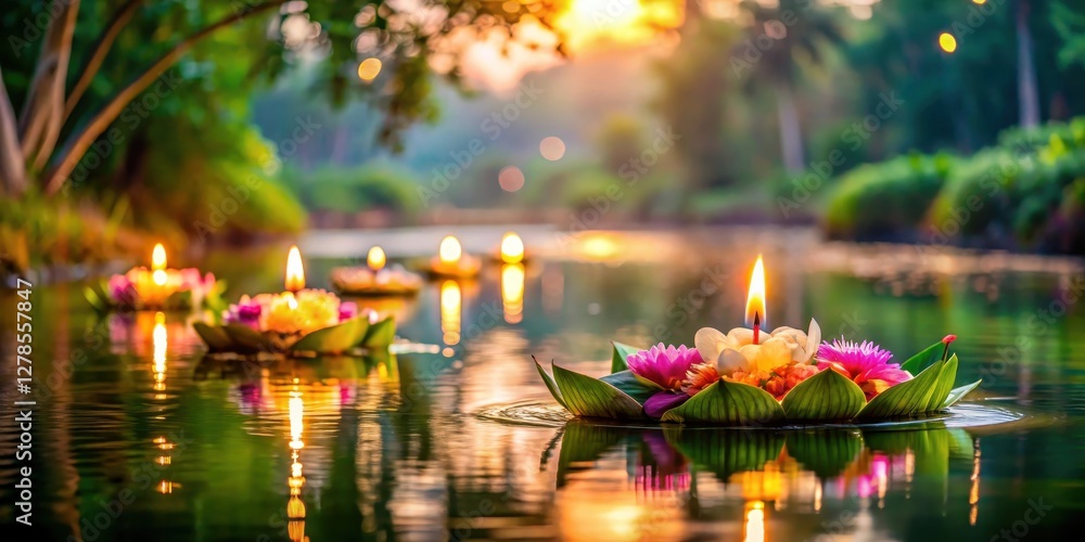 A delicate krathong floating on a serene river surrounded by twinkling candles and lush greenery, floating flower A delicate krathong floating on a serene river surrounded by twinkling candles and lush greenery, floating flower