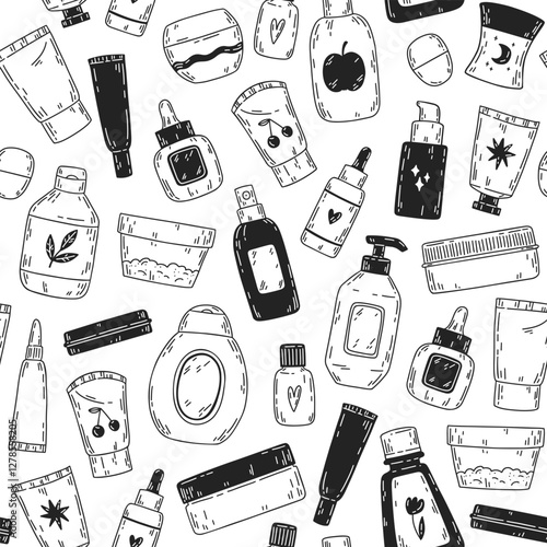 Pattern with bottles and tubes of cosmetics, jars for skin care. Seamless texture with face, hair and body cream doodles. Vector hand-drawn line illustrations on white background