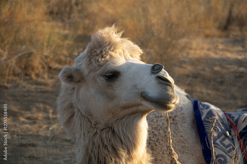 Fototapeta premium Portrait of a white camel with gear