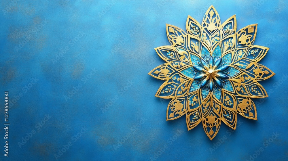 Fototapeta premium Intricate Gold Mandala Design on Blue Background