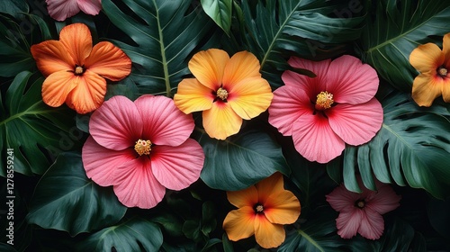 Wallpaper Mural Colorful Tropical Hibiscus and Monstera Leaves Background Torontodigital.ca