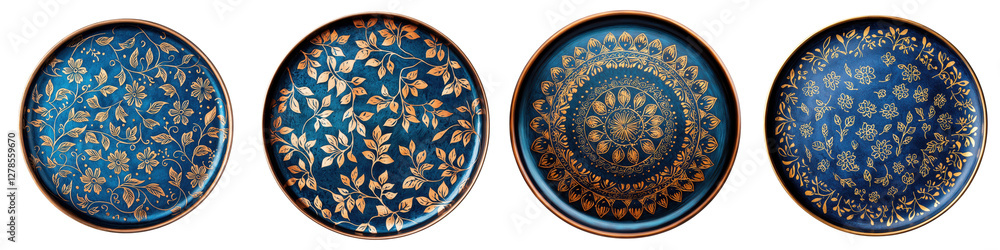 Exquisite ceramic plates featuring intricate ornate kaleidoscopic patterns in vibrant shades of blue orange and gold Exquisite ceramic plates featuring intricate ornate kaleidoscopic patterns in vibrant shades of blue orange and gold