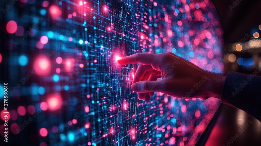 Hand interacting with a vibrant digital interface, showcasing futuristic technology and data visualization. Pink and blue glowing nodes and lines create a dynamic visual. Hand interacting with a vibrant digital interface, showcasing futuristic technology and data visualization. Pink and blue glowing nodes and lines create a dynamic visual.