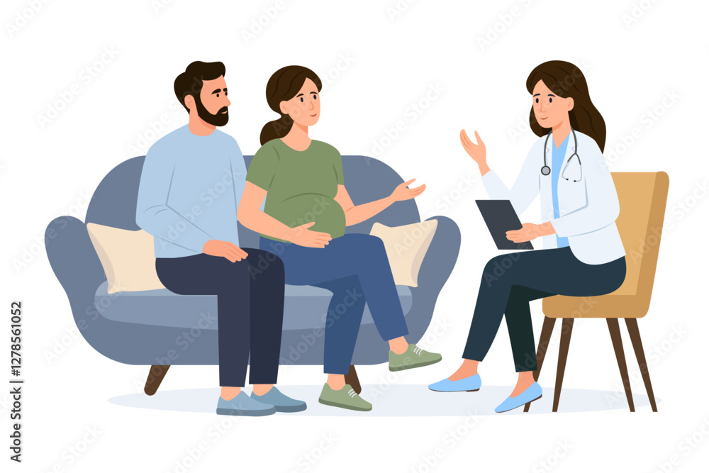 Fototapeta premium Family Consultation and check up during pregnancy.Pregnant woman and her husband visit gynecologist in the medical office. Female doctor talks with couple expecting a baby. Vector illustration