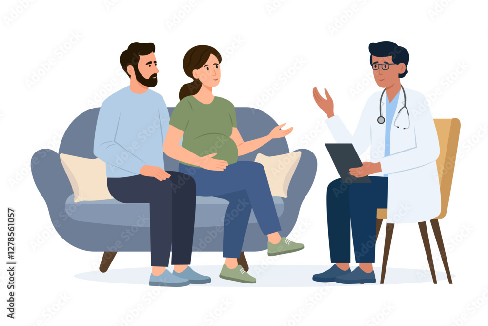 Fototapeta premium Family Consultation and check up during pregnancy.Pregnant woman and her husband visit gynecologist in the medical office. Female doctor talks with couple expecting a baby. Vector illustration