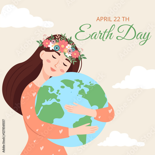 Earth Day. A woman hugs the globe with love and care. Save the environment, green nature, energy, ecology support. Vector Illustration