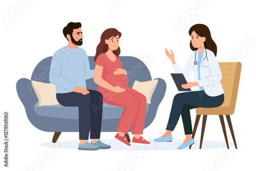 Family Consultation and check up during pregnancy.Pregnant woman and her husband visit gynecologist in the medical office. Female doctor talks with couple expecting a baby. Vector illustration