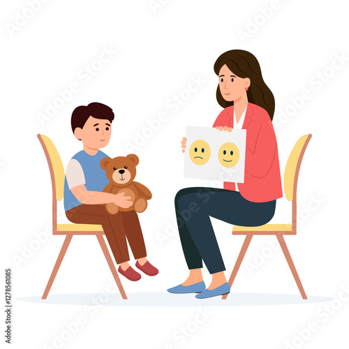 Psychology consultation. Child psychologist showing pictures.Family psychotherapy session for children with mental problems.Vector Illustration