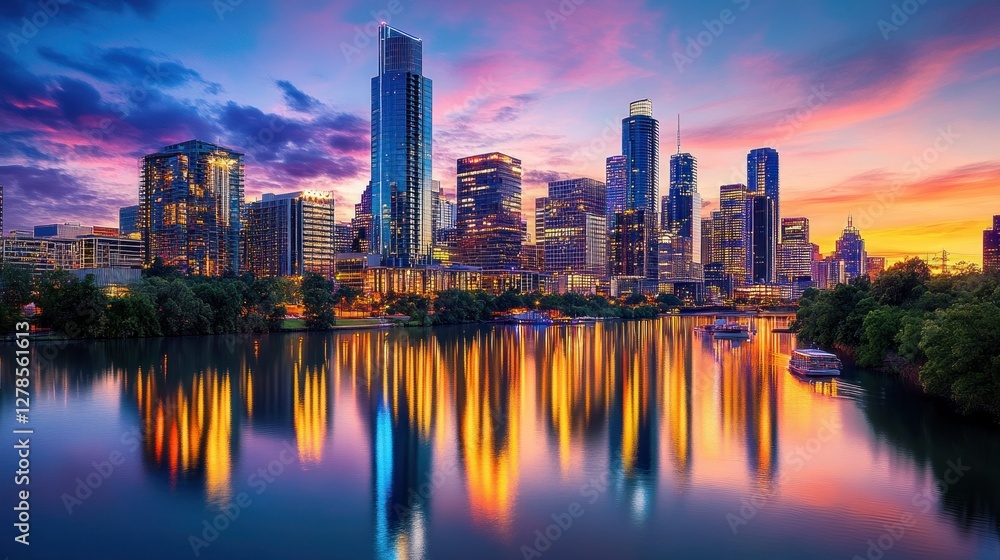 Fototapeta premium A modern city skyline reflecting on the calm river at dusk. The skyscrapers are illuminated with golden and blue lights, creating a mesmerizing mirror effect