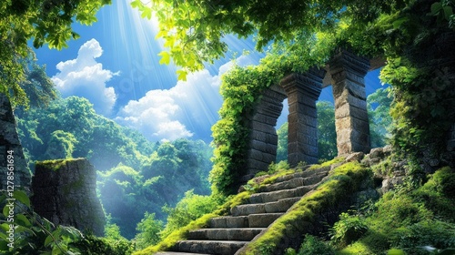 A mysterious ancient temple, partially covered by thick jungle vines. Sunlight breaks through the dense foliage, casting dappled shadows on the moss-covered stone walls.