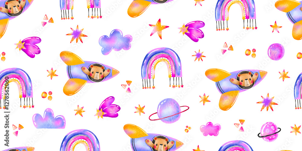 Hand painted space seamless background with teddy bear in spaceship rocket. Sky travel adventure star rainbow stars. Up in the sky. Pattern kids baby room nursery children design print. Newborn Hand painted space seamless background with teddy bear in spaceship rocket. Sky travel adventure star rainbow stars. Up in the sky. Pattern kids baby room nursery children design print. Newborn